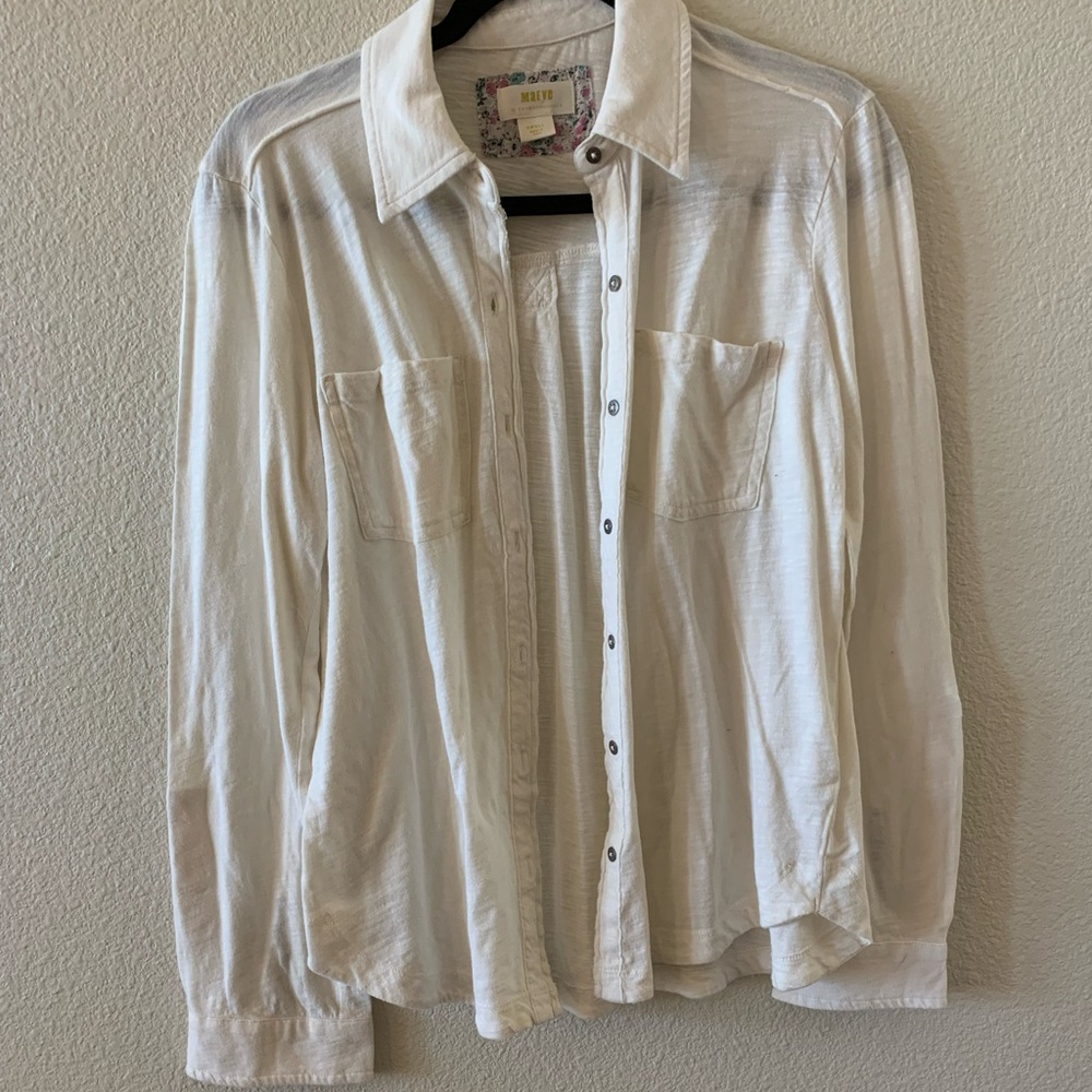 Anthropology Maeve Womens Button Up Shirt White Roll Tab Sleeve Pocket Cotton